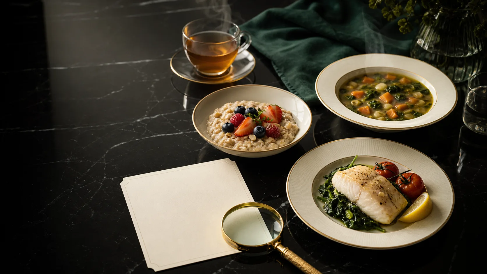 Balanced portions of oatmeal, vegetable soup and baked fish with a magnifying glass on a premium black table