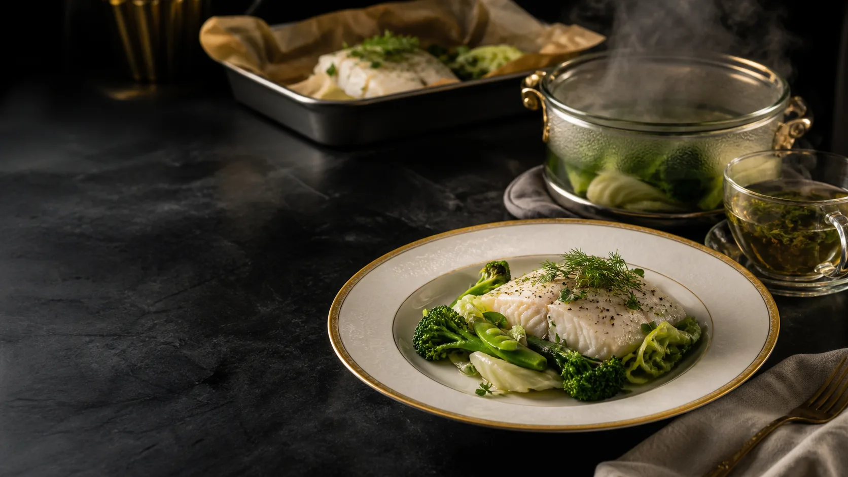 Baked white fish with steamed vegetables, herbal tea and gentle cooking equipment on a premium black table